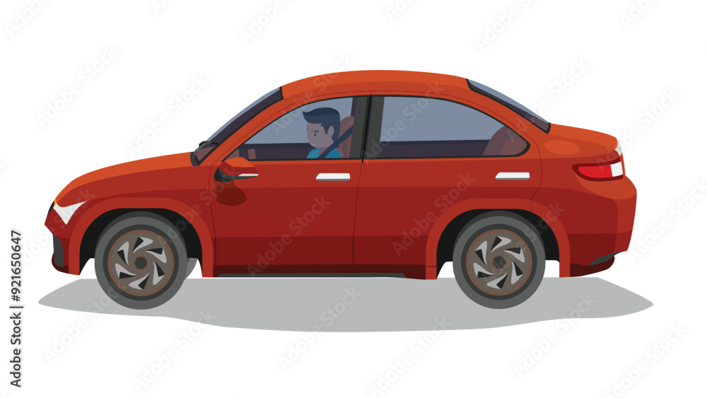 Concept vector illustration of detailed side of sedan car red color with driving man. Can see interior of car from transparent glass. on isolated white background. Concept vector illustration of detailed side of sedan car red color with driving man. Can see interior of car from transparent glass. on isolated white background.