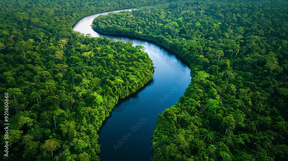 Aerial view of winding river flowing through dense green forest Aerial view of winding river flowing through dense green forest