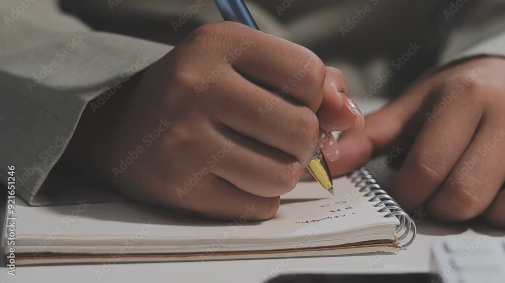 Closeup mixed race businesswoman hands making notes in notebook at workplace. Unknown female entrepreneur writing schedule in diary book. Business woman arms crossing text in notebook