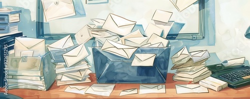 Missed emails, overflowing inbox, melancholic atmosphere, watercolor style