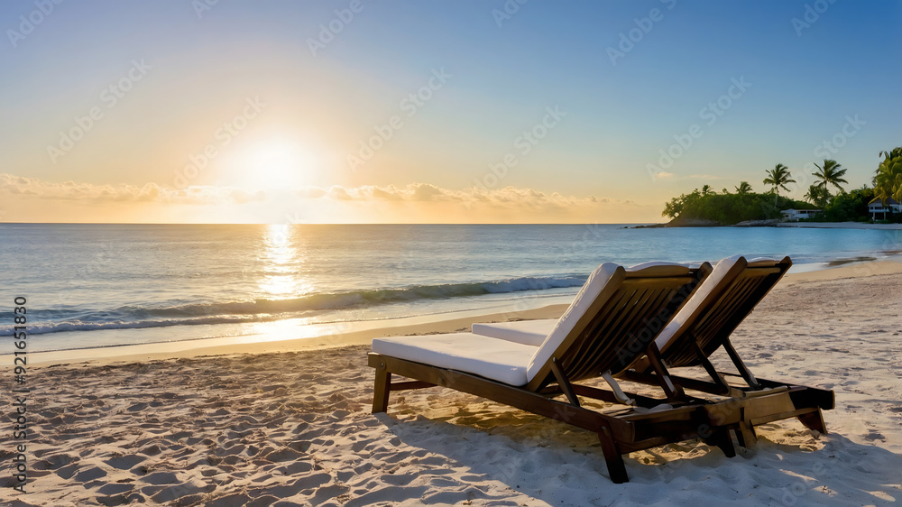 Chairs on the sandy beach near the sea. Summer holiday and vacation concept for tourism. Inspirational tropical landscape. Chairs on the sandy beach near the sea. Summer holiday and vacation concept for tourism. Inspirational tropical landscape.