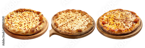 Baked cheese pizza with golden crust on transparent background