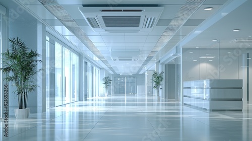 Wallpaper Mural Air Conditioning central in Modern office hallway with glass walls and potted plants Torontodigital.ca