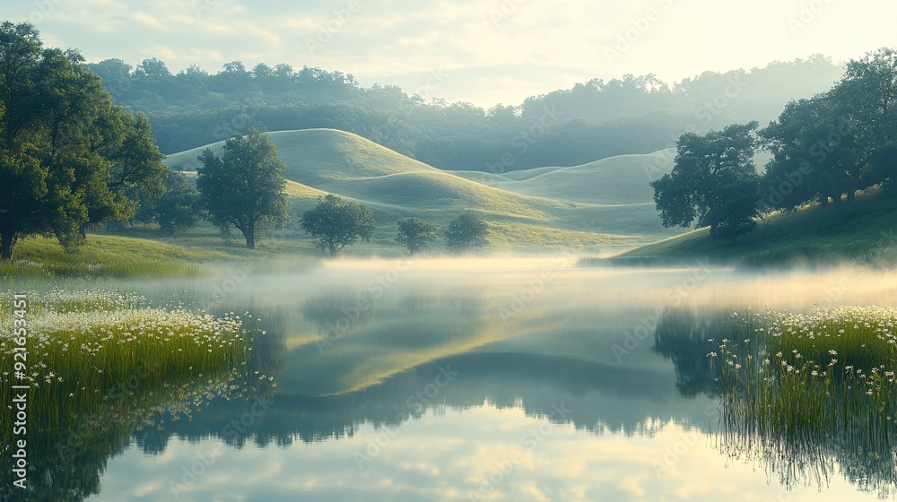 Fototapeta premium A tranquil, early morning landscape where gentle hills are covered in a soft blanket of fog. 