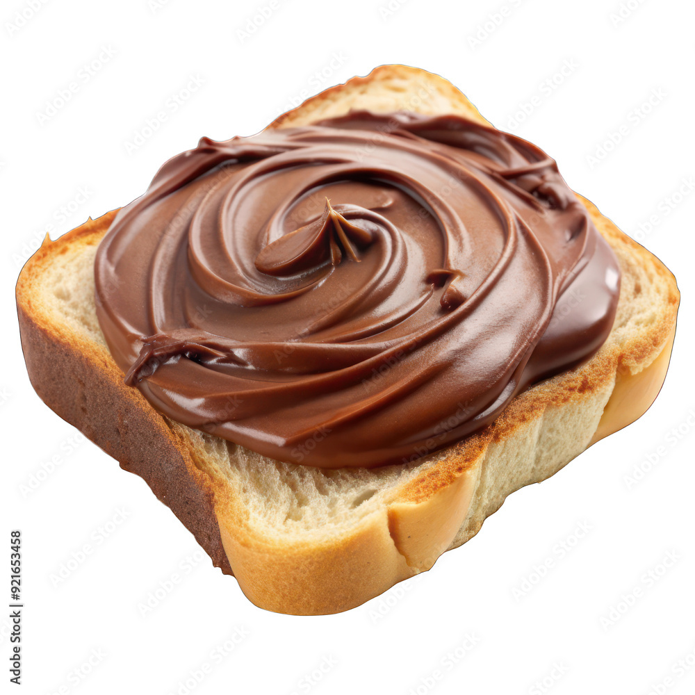 A piece of white bread topped with a thick layer of chocolate spread on transparent A piece of white bread topped with a thick layer of chocolate spread on transparent