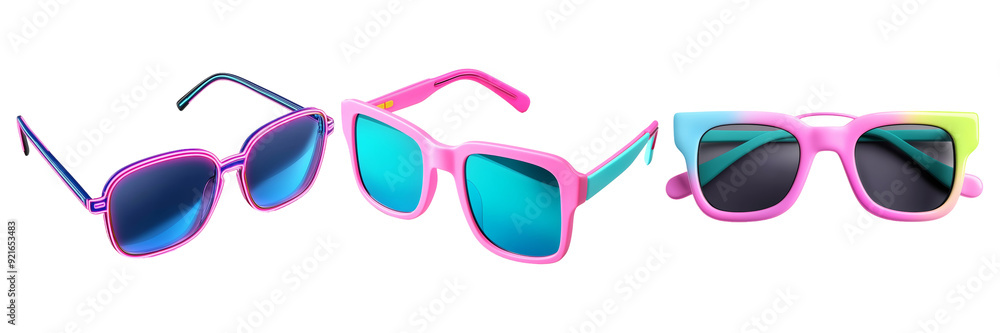 Three pairs of colorful children's sunglasses on pink background. Three pairs of colorful children's sunglasses on pink background.