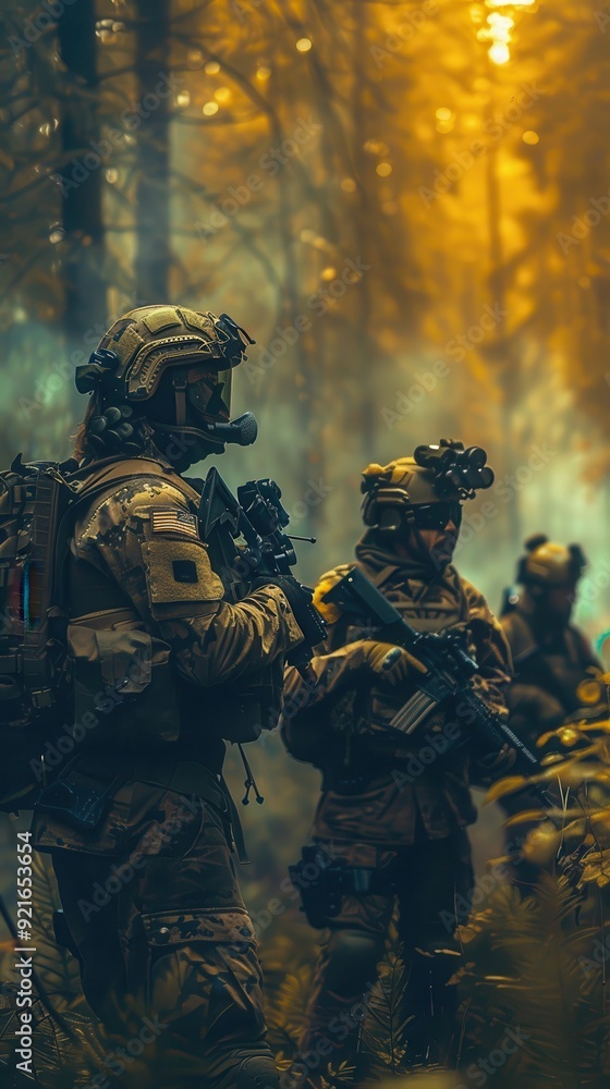 Fototapeta premium Armed soldiers strategize amid lush greenery, preparing for training under a warm, golden light