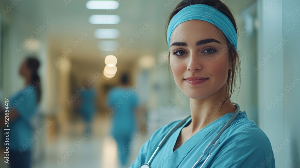 Fototapeta premium Smiling healthcare professional in scrubs standing in a hospital corridor
