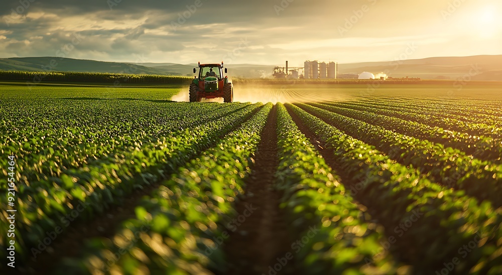 A tractor drives through a field of crops at sunset, with a factory in the distance. A tractor drives through a field of crops at sunset, with a factory in the distance.