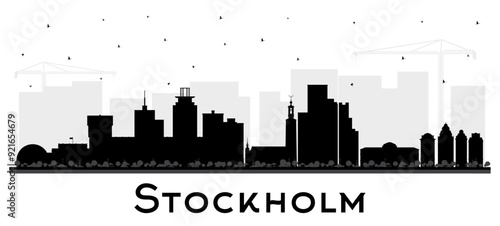 Stockholm Sweden city skyline silhouette with black buildings isolated on white. Stockholm cityscape with landmarks. Tourism concept with modern and historic architecture.