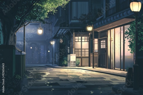 A tranquil street corner with dim street lamps and a cozy atmosphere. Cozy vibe, Generative AI 