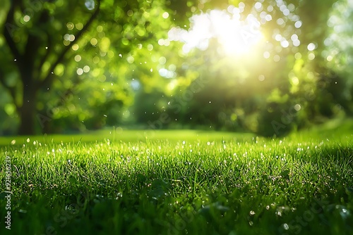 Green grass field with sun shining through the trees in the background.