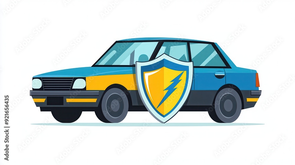 Illustration of a blue car with a shield emblem representing car insurance and vehicle protection on a white background. Illustration of a blue car with a shield emblem representing car insurance and vehicle protection on a white background.