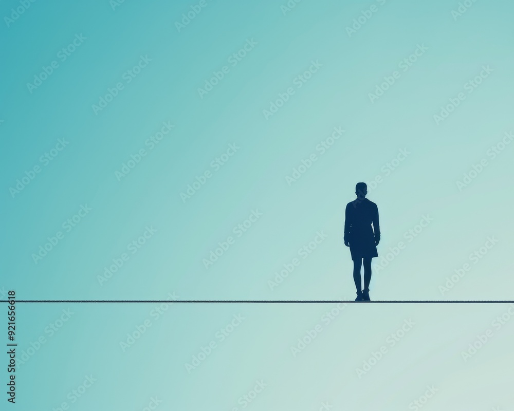 Obraz premium A solitary figure stands on a thin line, conveying themes of balance, risk, and introspection against a serene background.