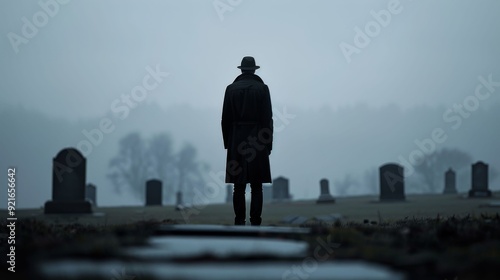 A solitary figure stands in a foggy cemetery, evoking a sense of mystery and reflection in a haunting atmosphere.