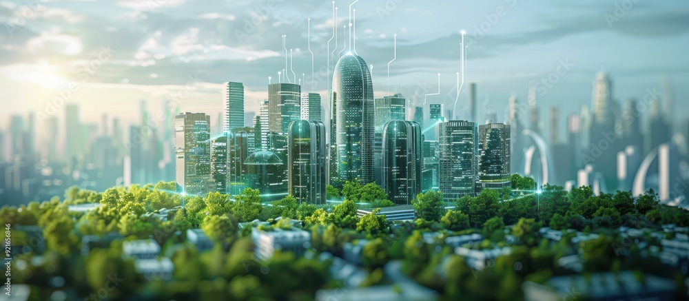 Naklejka premium Futuristic Smart City Skyline with Green Spaces and Advanced Technology Integration