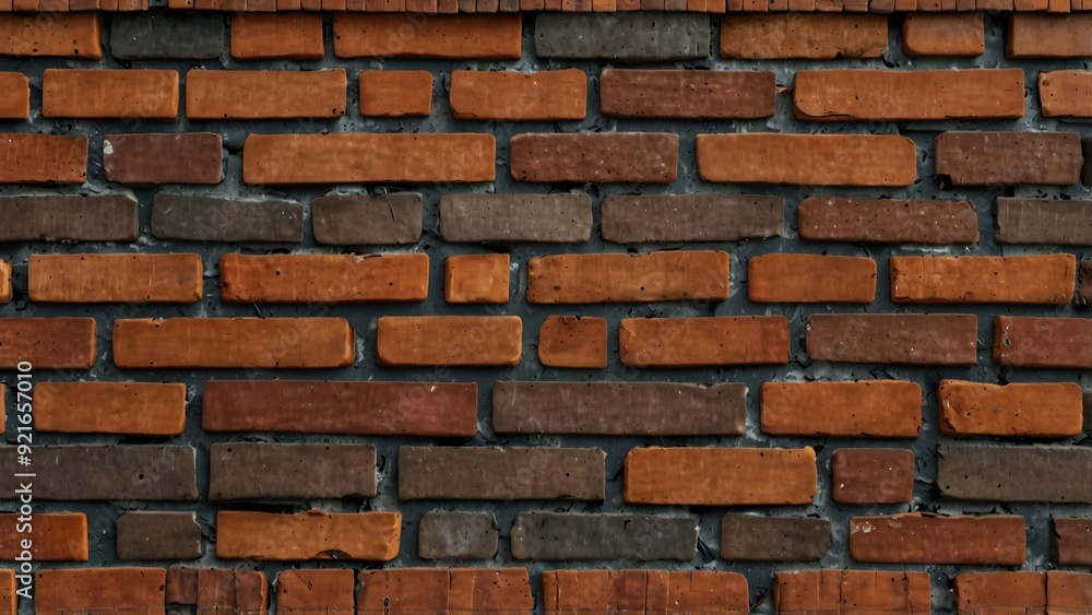 Obraz premium Close up of a brick wall with red and brown bricks and grey mortar.