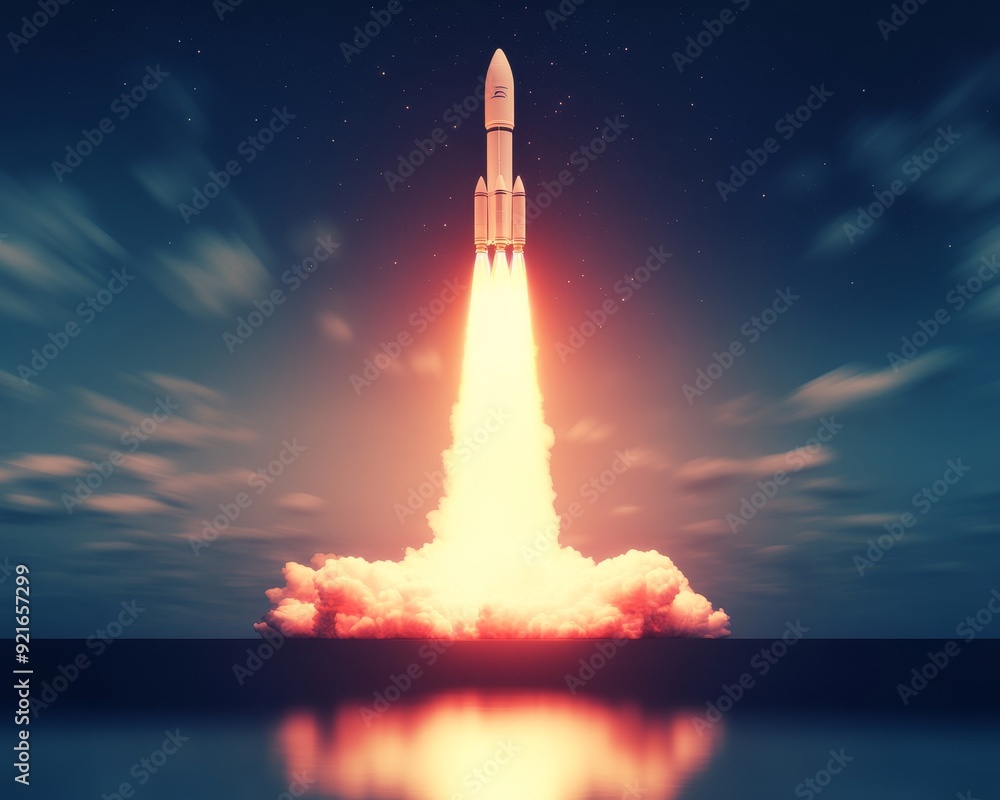 Obraz premium A stunning rocket launch against a night sky, showcasing the power and innovation of space exploration and technology.