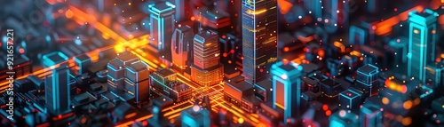 Futuristic Cityscape with Neon Lights and Skyscrapers in a Digital Metropolis at Night