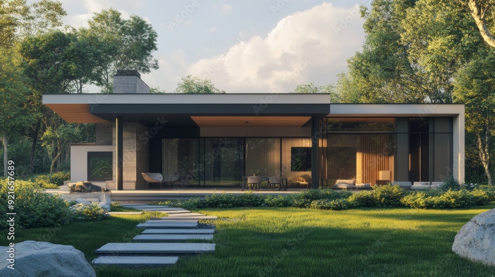 Fototapeta premium Modern house exterior with large windows and a patio, surrounded by a lush garden. 3D rendering.