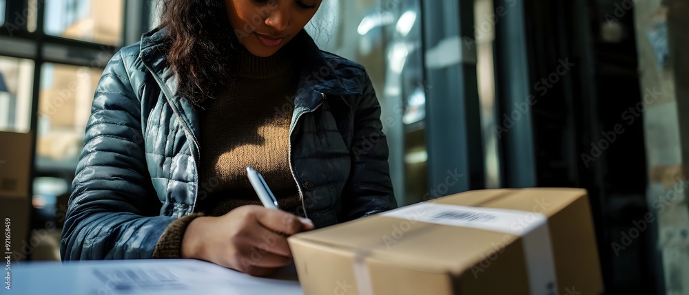 Fototapeta premium Customer signing for a parcel delivery illustrating the secure receipt and acceptance of the package The image depicts the customer verifying the delivery and providing their signature