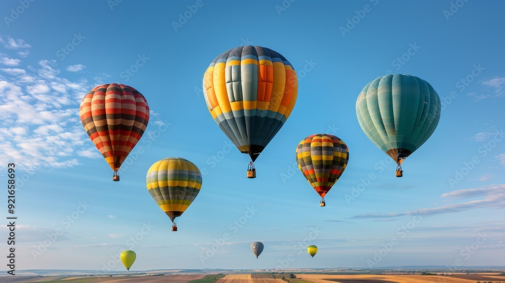 Fototapeta premium A vibrant display of hot air balloons soaring against a clear blue sky, showcasing various colors and patterns in flight.
