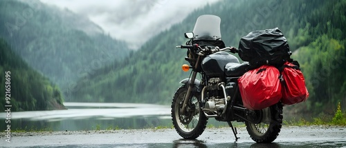 Motorcycle with protective rain shielded side saddlebags traveling through a lush forested landscape with a lake and cloudy overcast skies in the background photo