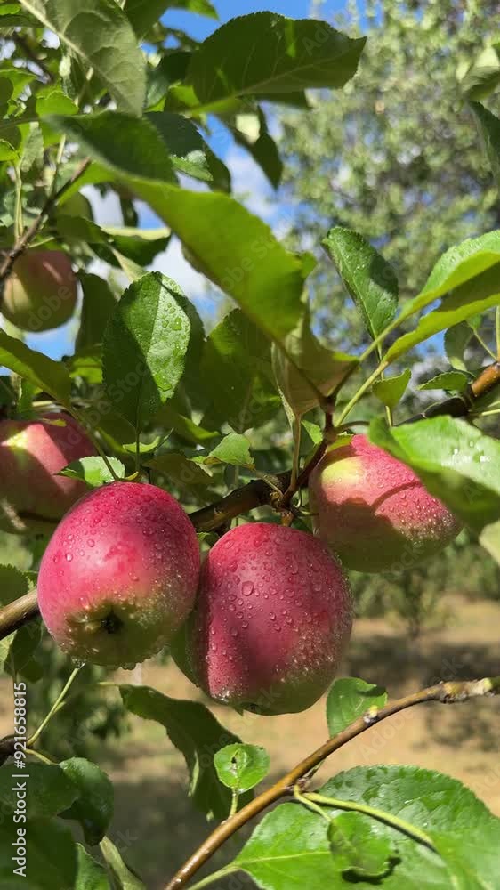 Apples fruits tree in the orchard after rain, vertical video Apples fruits tree in the orchard after rain, vertical video
