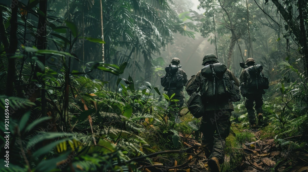 Troops advance cautiously through thick vegetation in a foggy jungle environment Troops advance cautiously through thick vegetation in a foggy jungle environment