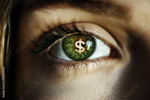 Venal or sellout concept image with eye of a person showing money in iris photo