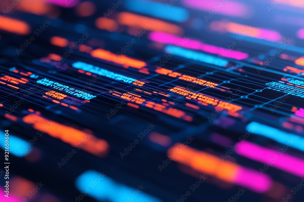 Obraz premium Vibrant digital artwork featuring abstract lines and glowing patterns in neon colors, perfect for tech and futuristic themes.