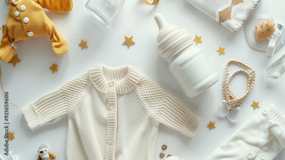 baby accessories on a white background, featuring a milk bottle and a newborn outfit. The flat lay presents a thoughtful arrangement of essentials for a newborn boy or girl in a modern, baby accessories on a white background, featuring a milk bottle and a newborn outfit. The flat lay presents a thoughtful arrangement of essentials for a newborn boy or girl in a modern,