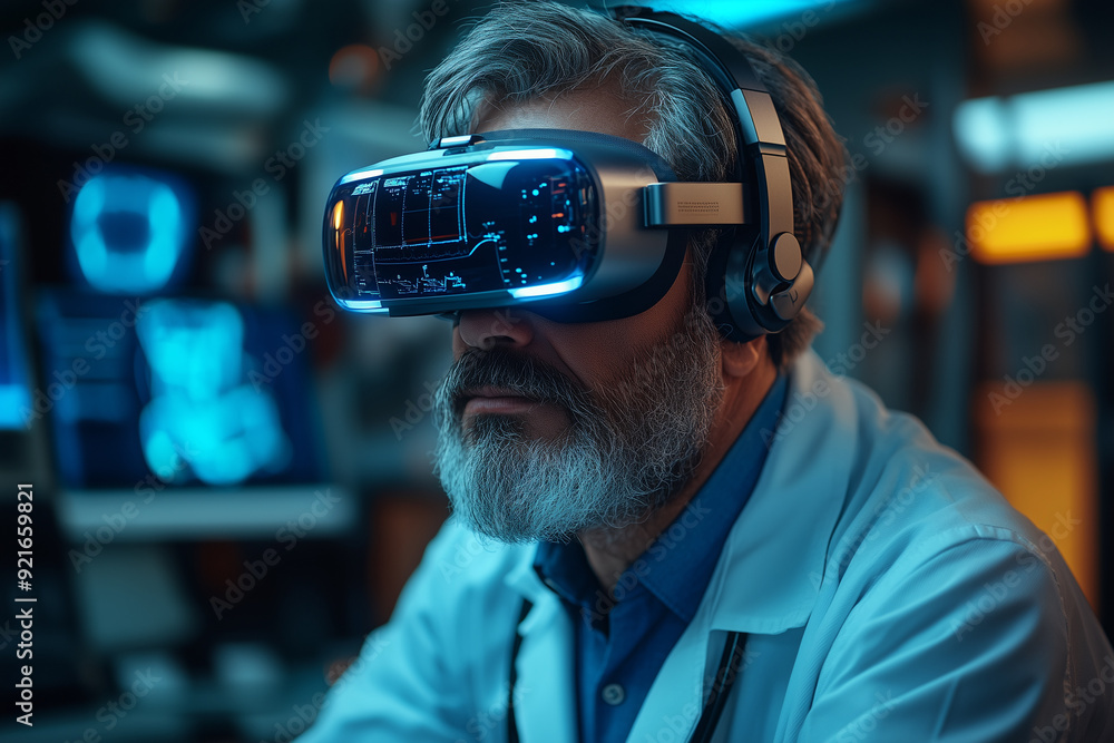 A doctor using a VR headset to explain a surgical procedure to a patient in a futuristic office. A doctor using a VR headset to explain a surgical procedure to a patient in a futuristic office.