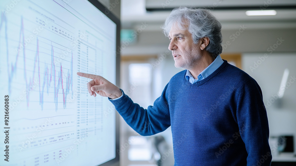 Fototapeta premium Focused senior man in a blue sweater pointing at a chart on a large screen, representing analysis and business strategy.