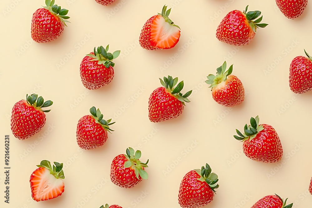 Fresh red strawberries arranged on a yellow surface. Fresh red strawberries arranged on a yellow surface.