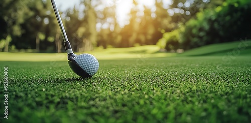 Close-up of a golf ball on a green fairway with a club behind it.