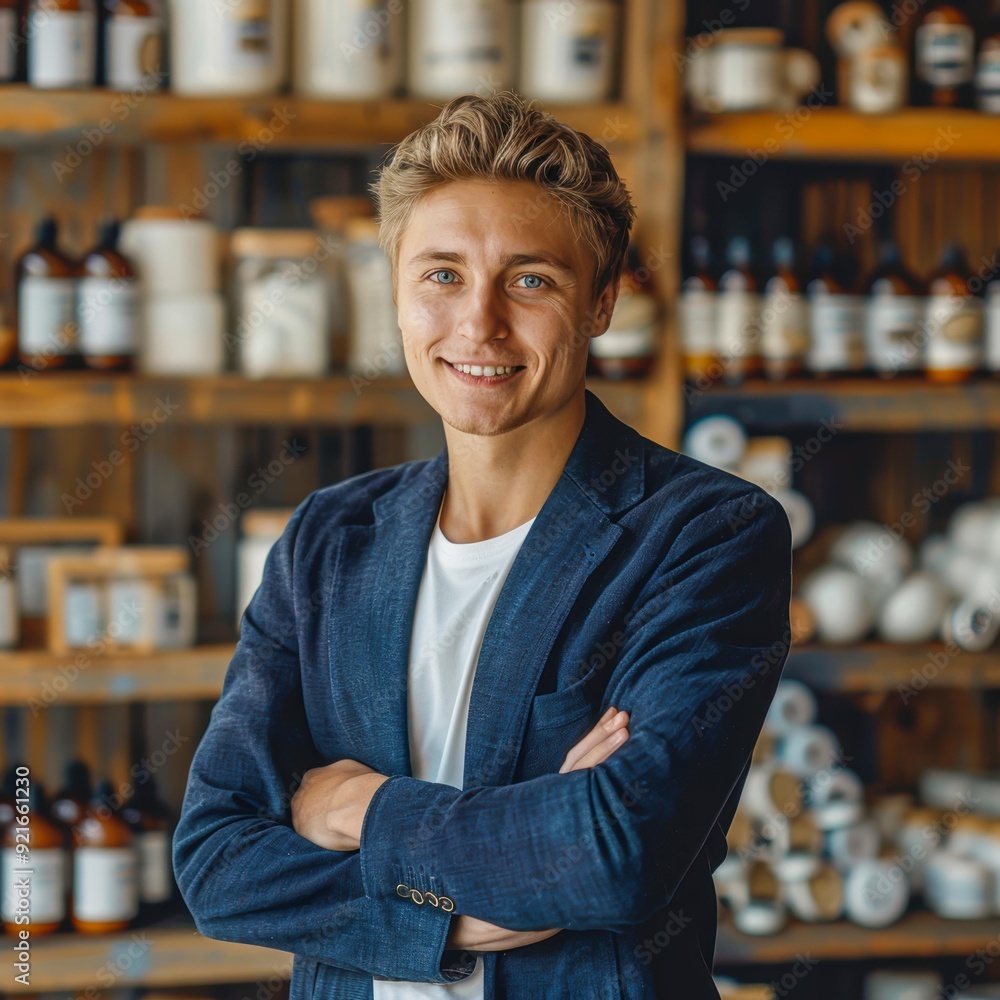A confident young male entrepreneur with crossed arms, standing in a store or small business setting, surrounded by shelves of various products could be used for business, entrepreneurship, retail A confident young male entrepreneur with crossed arms, standing in a store or small business setting, surrounded by shelves of various products could be used for business, entrepreneurship, retail