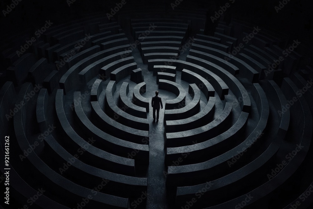 A figure lost in a maze symbolizes the confusion and exhaustion associated with fatigue, sleepiness, and mental turmoil. A figure lost in a maze symbolizes the confusion and exhaustion associated with fatigue, sleepiness, and mental turmoil.