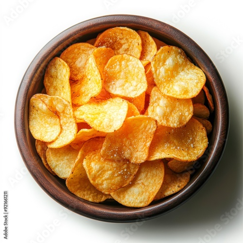 A bowl of crispy, golden potato chips, perfect for snack advertisements, food blog visuals, or culinary articles showcasing popular snack foods or quick bites, photo