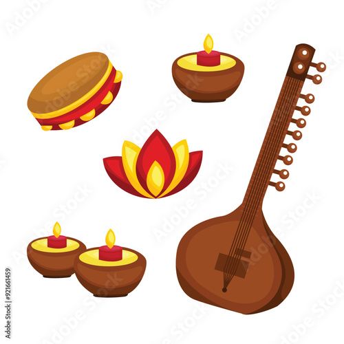 Cute India Classic Musical Instrumental Melody Sitar Cartoon Illustration Vector Clipart Sticker Decoration Background