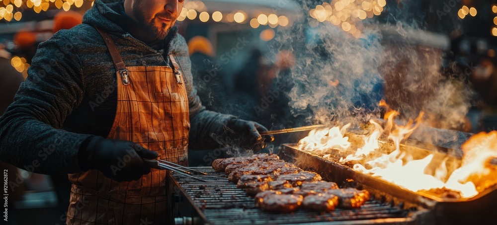 Man grilling meat at an outdoor barbecue during the evening Man grilling meat at an outdoor barbecue during the evening