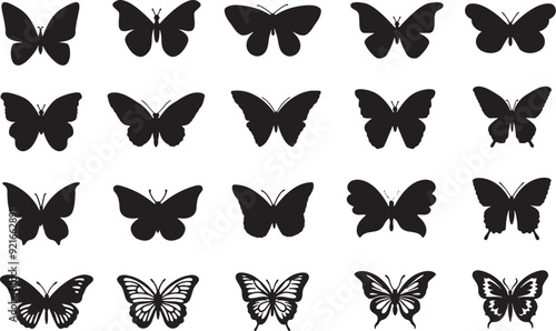 Black Silhouette Butterfly Set Vector Style Illustration on a White Background