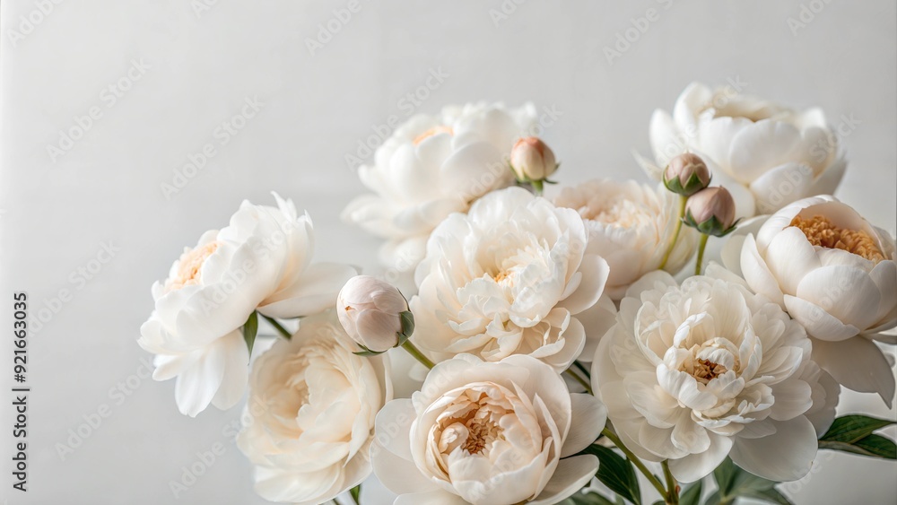 Tender white peonies on light background Holiday bouquet Greeting card for beloved woman Tender white peonies on light background Holiday bouquet Greeting card for beloved woman