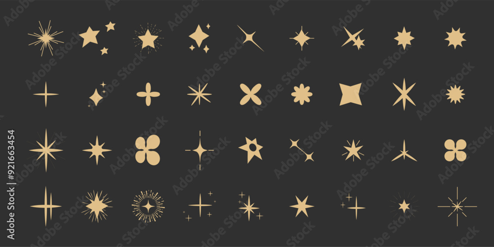 Set gold shine sparkle icon glare,light,blink star minimal shape, burst and rays golden decoration. Twinkle magic comic shine isolated on dark background. Set gold shine sparkle icon glare,light,blink star minimal shape, burst and rays golden decoration. Twinkle magic comic shine isolated on dark background.