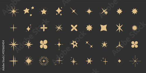 Set gold shine sparkle icon glare,light,blink star minimal shape, burst and rays golden decoration. Twinkle magic comic shine isolated on dark background.