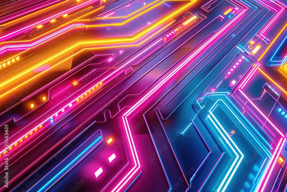 Neon circuit board with glowing lines and futuristic technology Neon circuit board with glowing lines and futuristic technology