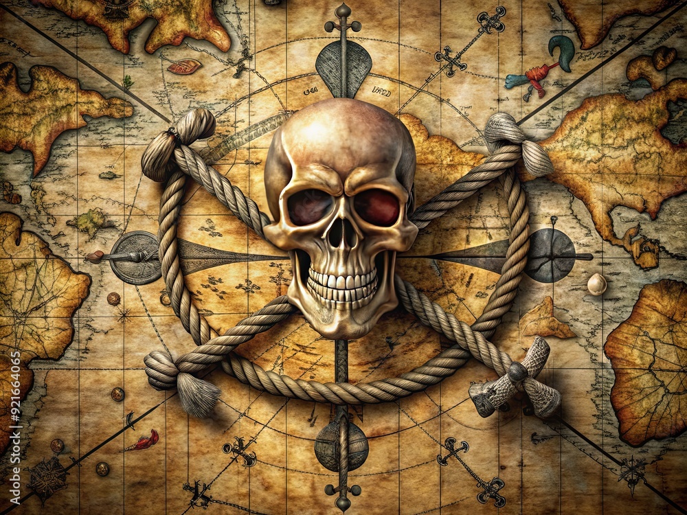 Foreboding skull and crossbones emblem on a vintage treasure map ...