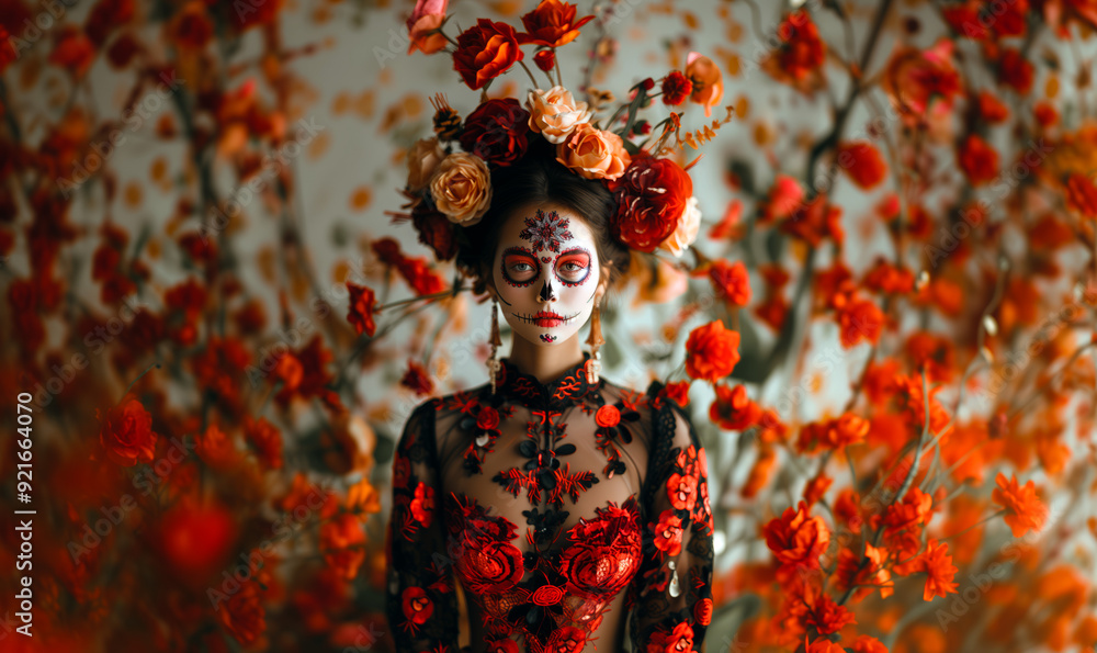 Portrait of an elegant woman made up as a Catrina with a flower dress, her head is covered with a wreath of flowers. Day of the Dead face painting, flower background Portrait of an elegant woman made up as a Catrina with a flower dress, her head is covered with a wreath of flowers. Day of the Dead face painting, flower background