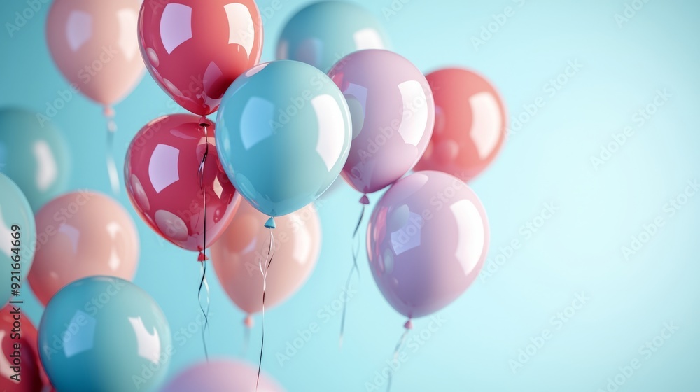 Colorful balloons floating against a light blue background Colorful balloons floating against a light blue background