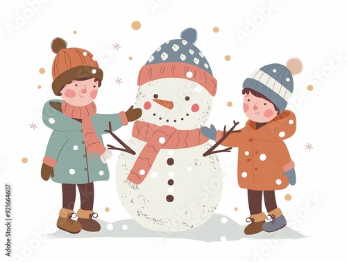 Children make snowman illustration isolated on white. AI generated